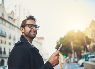 Canvas Print - Business man, smartphone and thinking on road for travel, communication and networking with contact. City, male person or lawyer with phone for mobile app, ideas and message with client in commute