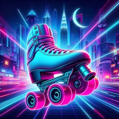 Wall Mural - Roller skate in cyberpunk style, disco nostalgic 80s, 90s. Neon night lights vibrant colors, photorealistic horizontal illustration of the futuristic city.