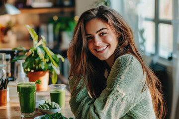 Beautiful happy woman sitting with drinks and healthy green food at home. Vegan meal and detox concept