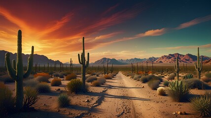 Wall Mural - psychedelic and surreal scenery with cactus in the desert. Landscape of the wild west.