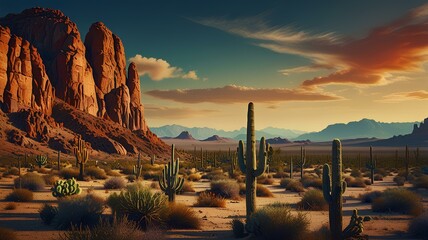 Wall Mural - psychedelic and surreal scenery with cactus in the desert. Landscape of the wild west.