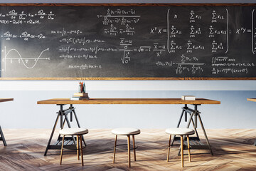 Wall Mural - Modern classroom interior with blackboard covered in formulas. 3D Rendering