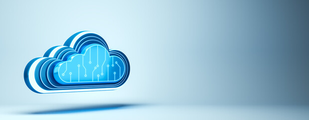 Poster - Blue cloud computing icon with circuit design on light blue background. 3D Rendering