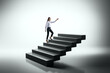 © Who is Danny - Woman in business attire climbing abstract stairs, symbolizing career growth and ambition.