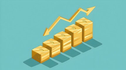 Financial Growth Success Illustrated with Gold Bars and Upward Arrow in Flat Design