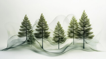 Minimalistic forest landscape with delicate green trees made of translucent fabric layers. Artistic and ethereal design for modern nature-inspired decor.