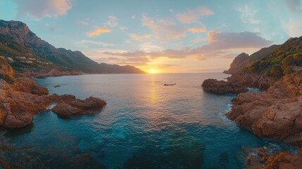 Poster - Sunset over Rocky Coastline with Clear Blue Water