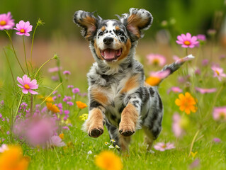 A dog is running through a field of flowers. The dog is brown and white with black spots. The flowers are pink and yellow. Scene is joyful and playful