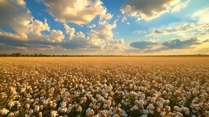 A vast cotton field under a breathtaking sky filled with clouds, showcasing nature's beauty during a serene golden hour.