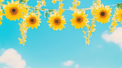 Yellow Sunflowers Hanging Against Blue Sky with White Clouds