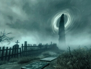 Wall Mural - A graveyard with a large, glowing orb in the sky. The sky is dark and stormy, and the atmosphere is eerie and ominous