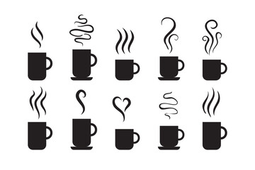 Smells line icon set, hot aroma Coffee, tea in cup, smells or fumes. Isolated symbols doodle glasses of hot drinks. Fragrances evaporate icons.