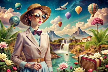 Whimsical retro-inspired fashion collage art featuring stylish accessories and surreal landscape elements, evoking a chill and relaxed atmosphere of luxury and sophistication.