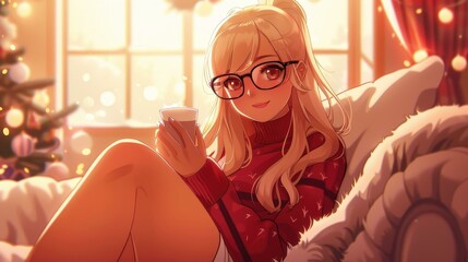 Poster - Adorable chibi character with long blonde hair and glasses enjoying a refreshing glass of milk in a cozy setting.