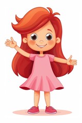 Poster - A cheerful cartoon girl with bright red hair waves joyfully, wearing a cute pink dress, spreading happiness around her.