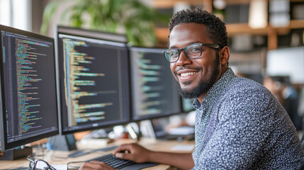 young black programmer smiling while working on computer code in office