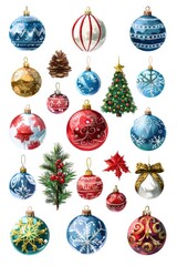 Wall Mural - A collection of Christmas ornaments on a white background, ideal for holiday designs and decorations