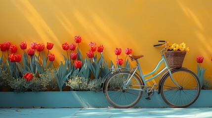 Spring banner. Toy bicycle with a basket of flowers on a yellow background with empty space --ar 16:9 --style raw --stylize 750 Job ID: 3f092dcd-455c-48f7-9099-dc0bf7844ea8