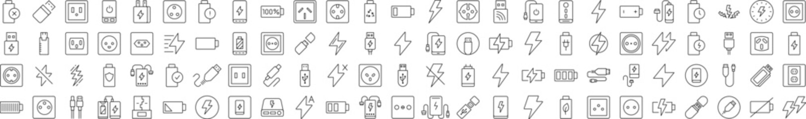 Wall Mural - battery, usb cable, charger, outlet outline style icons for design, cards, apps, social networks