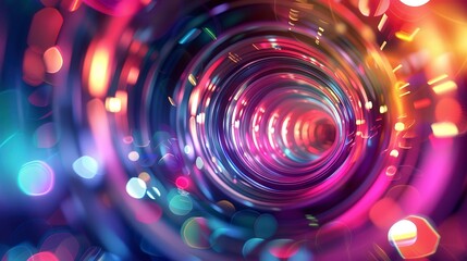 Abstract colorful swirling pattern of bright bokeh lights and vibrant colors.