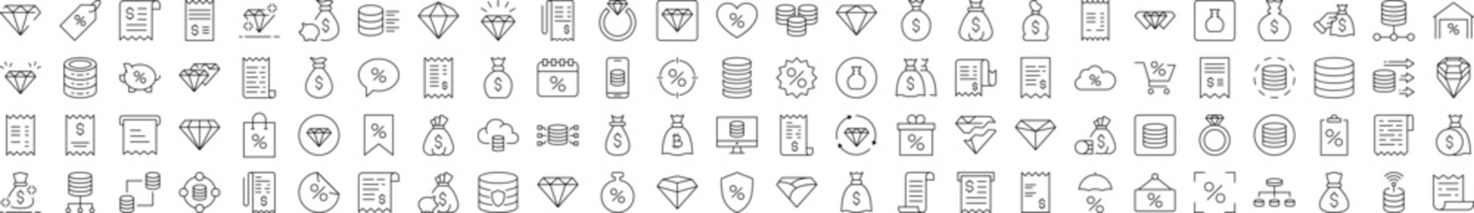 Wall Mural - Dollar, Receipt, Diamond, Percent Line Icon Pack. Editable Stroke. Minimalistic Linear Pictogram for Design of Cards, Apps, Banners, Posts