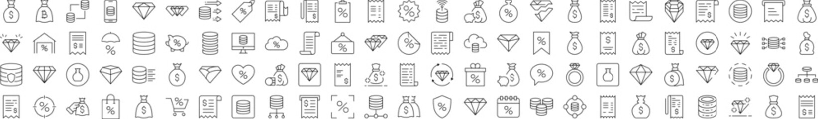 Wall Mural - Bundle of Line Icons of Dollar, Receipt, Diamond, Percent. Editable Stroke. Minimalistic Linear Pictogram for Design of Cards, Apps, Banners, Posts