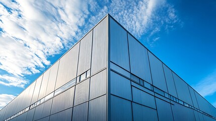 Wall Mural - Group of industrial factory buildings with geometric pattern of aluminium corrugated steel wall against blue sky background low angle and perspective side view : Generative AI