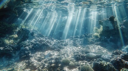 Wall Mural - A sunny day scene of a coral reef under the ocean, showcasing the beauty of marine life