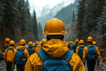 A group of construction workers with yellow hard hats, blue vests. Generative AI