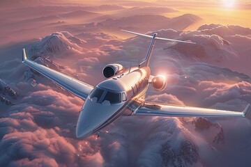 Wall Mural - A small airplane flies over a mountain range with rugged peaks and valleys