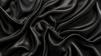 Poster - A top view of black satin fabric reveals a dark silk background with elegant folds, showcasing the smooth and luxurious texture of the material. The black satin is ideal for high-end fashion design, o
