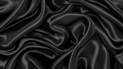 Poster - A top view of black satin fabric reveals a dark silk background with elegant folds, showcasing the smooth and luxurious texture of the material. The black satin is ideal for high-end fashion design, o