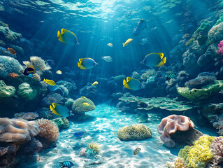 A colorful underwater scene with a variety of fish and coral. Scene is peaceful and serene, as the fish swim around in the clear blue water