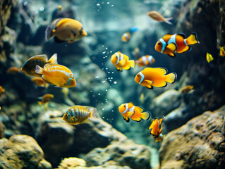 Wall Mural - A group of fish in a tank, including some orange and yellow ones. The fish are swimming around and interacting with each other