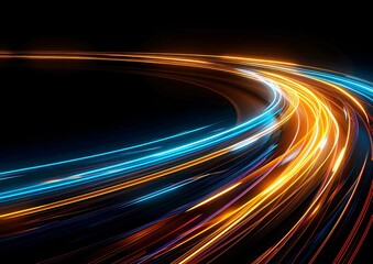 Wall Mural - Abstract background with glowing blue and yellow lines in the shape of curved road on black backdrop, digital technology concept, speed or data transfer