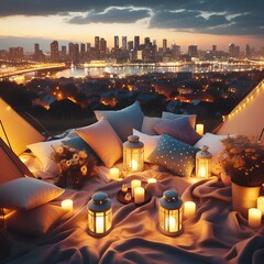 Wall Mural - romantic camping with lantern lights, pillows, blanket. City view in the evening.