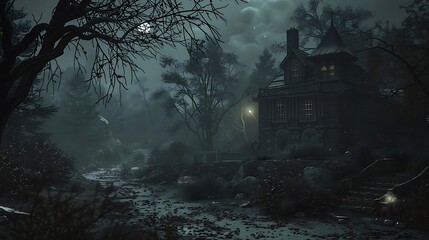 Poster - A dark, eerie landscape featuring an old house surrounded by trees and mist, evoking a mysterious atmosphere.