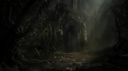 Wall Mural - A dark, eerie entrance to a gothic structure surrounded by twisted trees and fog.