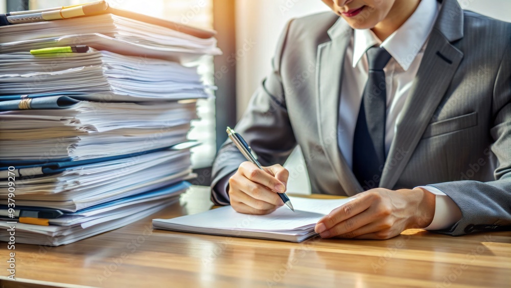 Someone Filing Paper A person intently reviews a stack of official documents and papers ...