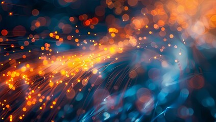 Wall Mural - close up of an orange and blue fiber optic cable, swirling in the air with data flowing, texture of 