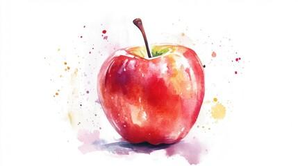 A watercolor painting of a red apple with a green stem