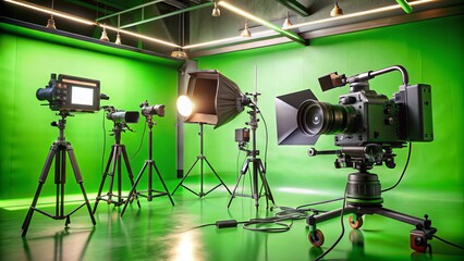 A sleek, modern camera setup stands before a vibrant green screen backdrop, surrounded by professional lighting equipment, ready for a high-quality video production shoot.