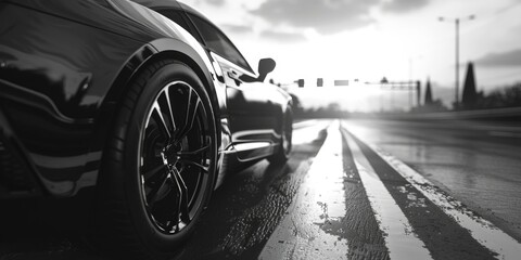 Wall Mural - A black and white photograph of a car driving on a road