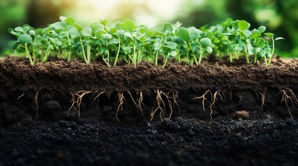 The structure shows layers of soil with young plant sprouts and roots growing in a garden