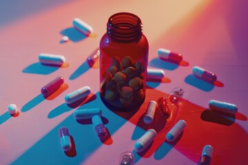 Poster - A glass jar filled with pills sits on a table, often used in still life photography or as a symbol for medication