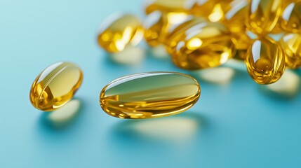 Golden pill capsules on blue background. Elegant and expensive medical care.and drugs..