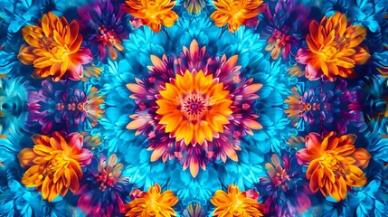 Sticker - A vibrant kaleidoscope of colorful flowers in blue and orange hues, creating a mesmerizing pattern.