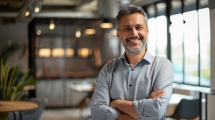 Canvas Print - Smiling handsome businessman with crossed arms in modern office, middle-aged gray-haired man exuding confidence, business success concept.