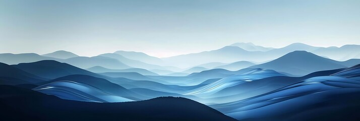 Sticker - A serene landscape of rolling blue mountains under a soft gradient sky.