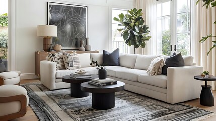 Wall Mural - A modern living room featuring a cozy sofa, stylish decor, and natural light.